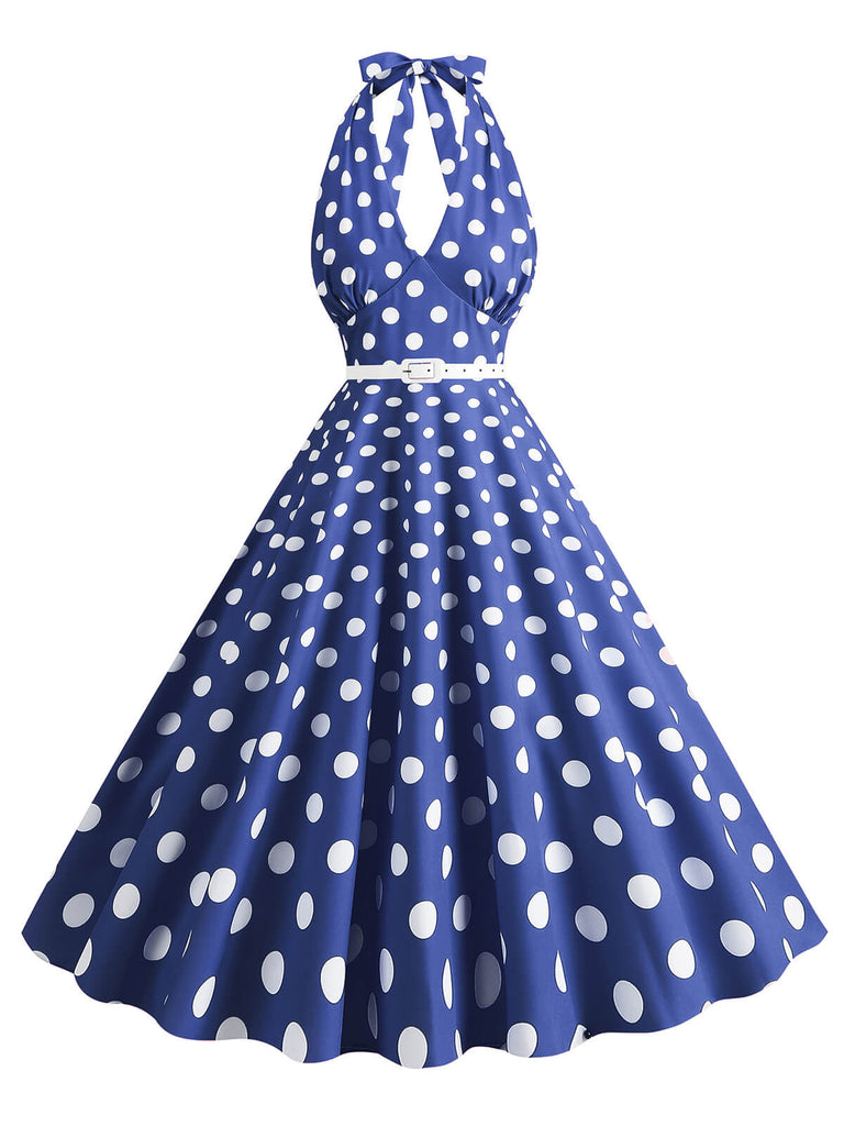 Robe trapèze à imprimé pois et dos nu des années 1950