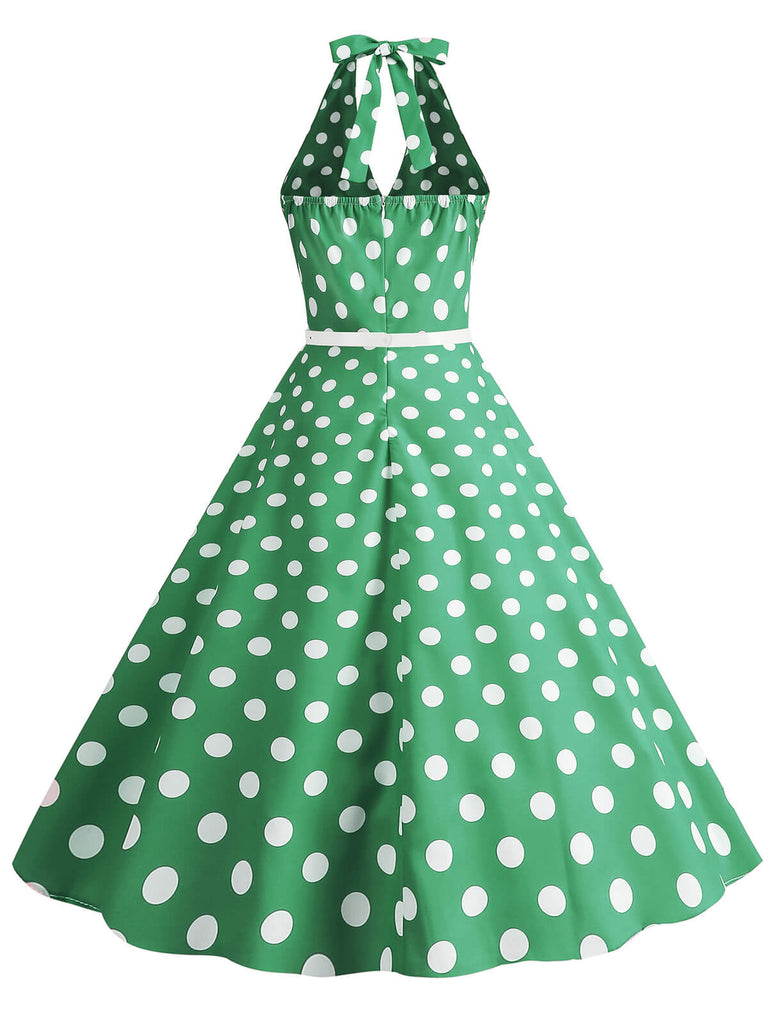 Robe trapèze à imprimé pois et dos nu des années 1950