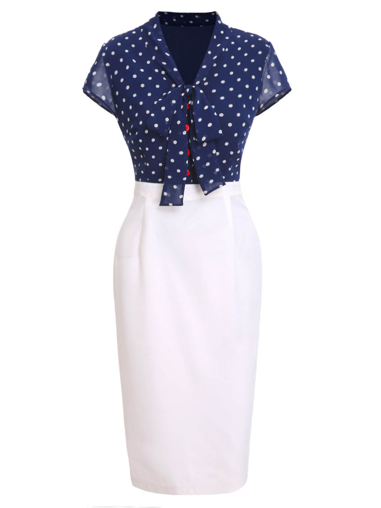 Robe bleue et blanche à manches courtes à pois des années 1960