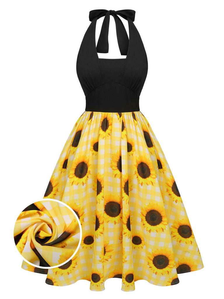 Robe dos nu jaune à carreaux tournesol des années 1950