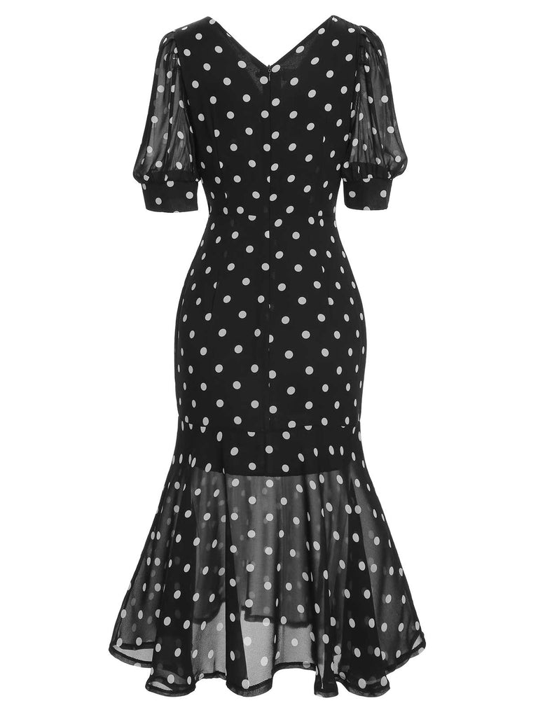 Robe sirène noire en mousseline à pois des années 1930