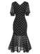 Robe sirène noire en mousseline à pois des années 1930