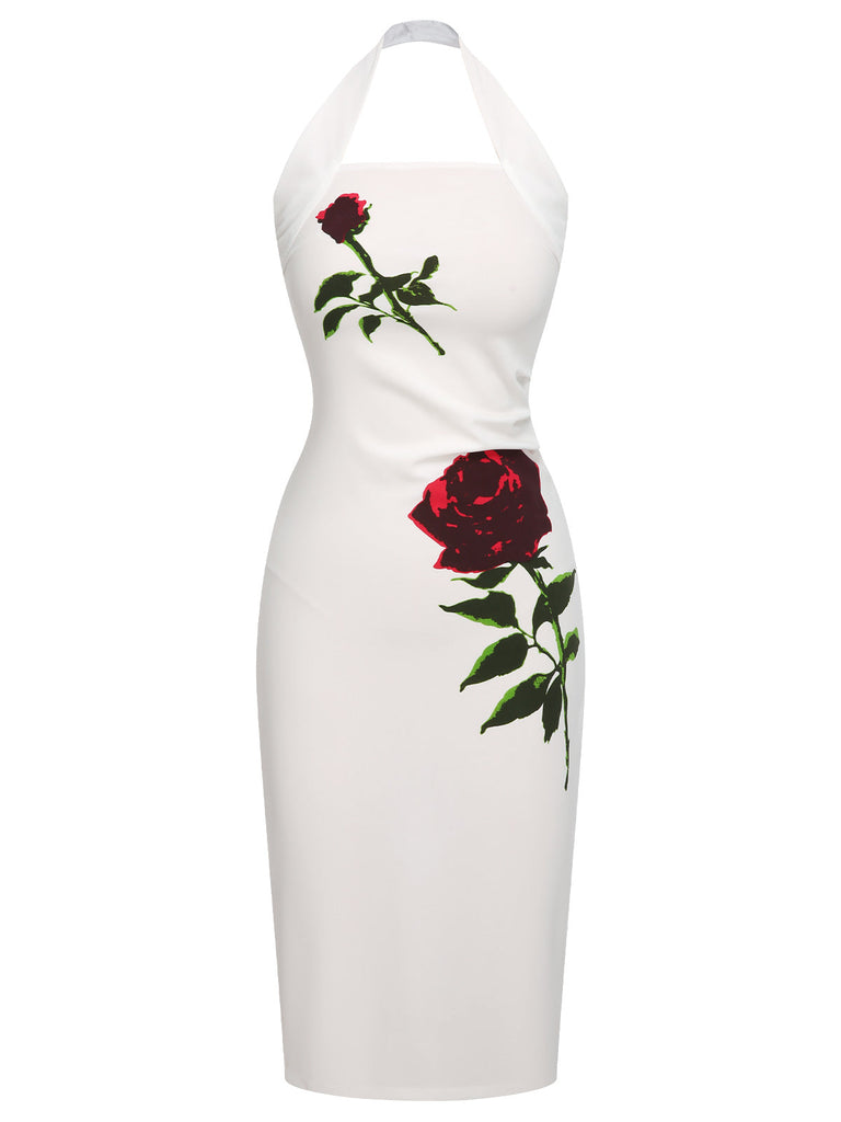 Robe portefeuille blanche dos nu rose des années 1960