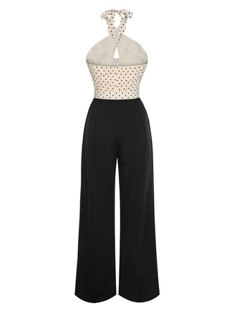 Combinaison dos nu beige et noire à pois coeur des années 1950