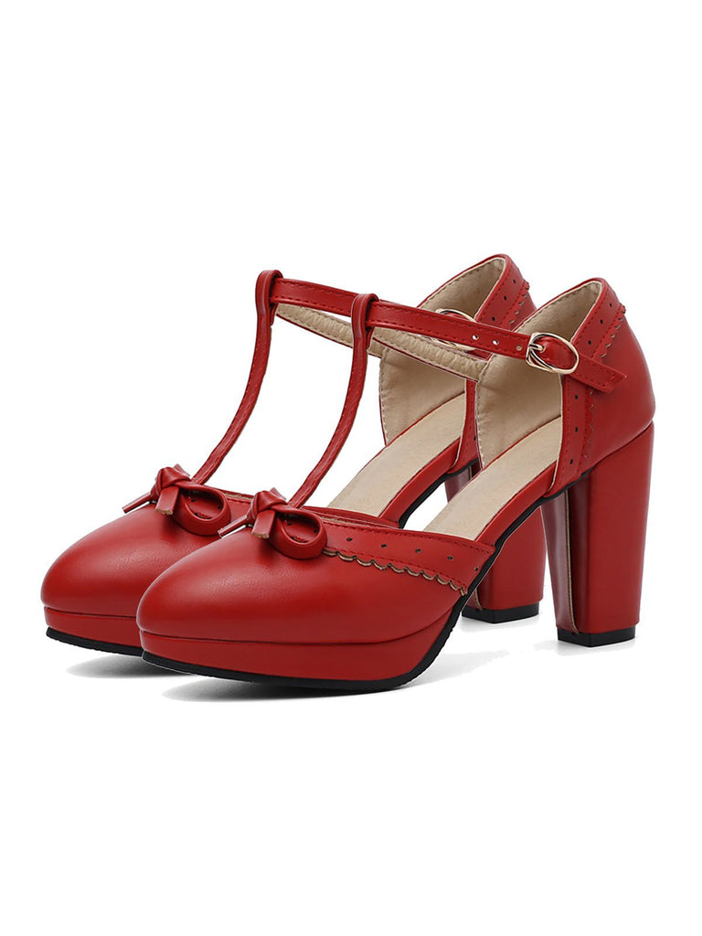 Chaussures Vintage à Talons Hauts avec Sangle en T Rouge