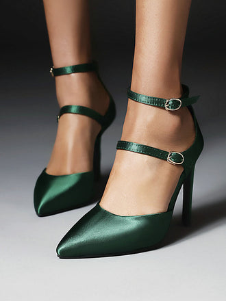 Chaussures à Talons Hauts Pointues en Satin Vert Foncé