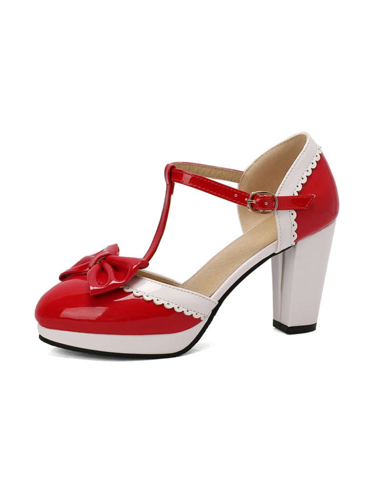 Chaussures Mary Jane à talons épais avec nœud bride en T