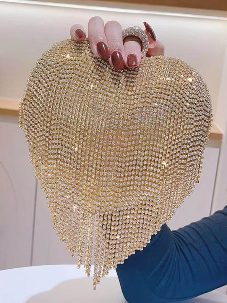 Sac à main en strass à long pompon en forme d'amour