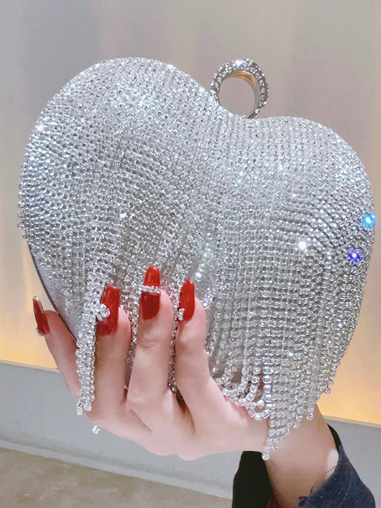 Sac à main en strass à long pompon en forme d'amour