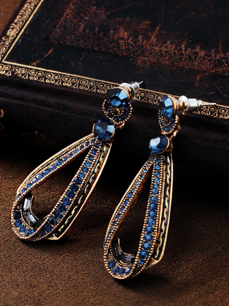 Boucles d'oreilles pendantes creuses en strass bleu