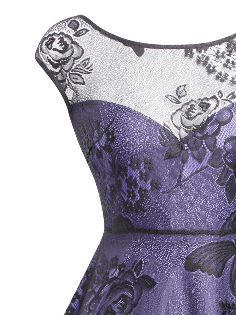 Robe Vintage Année 50 Florale en Dentelle Violette Cocktail Pin Up