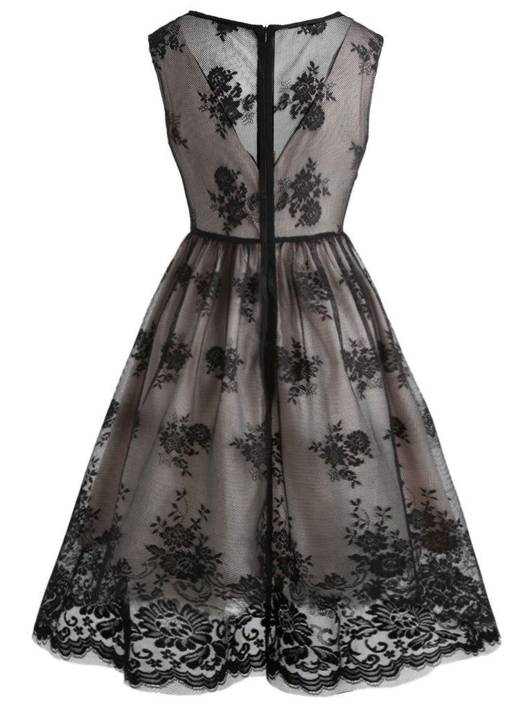 Robe Swing Vintage Année 50 Florale Noire Dentelle Soirée Cocktail Pin Up