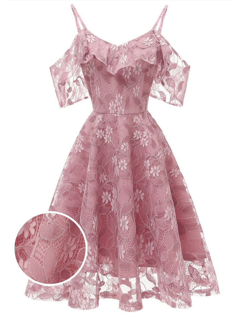 Robe à Bretelle Vintage Rose Année 50 à Volants Dos Nu Dentelle Cocktail