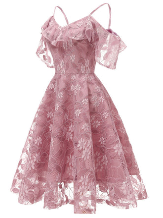 Robe à Bretelle Vintage Rose Année 50 à Volants Dos Nu Dentelle Cocktail