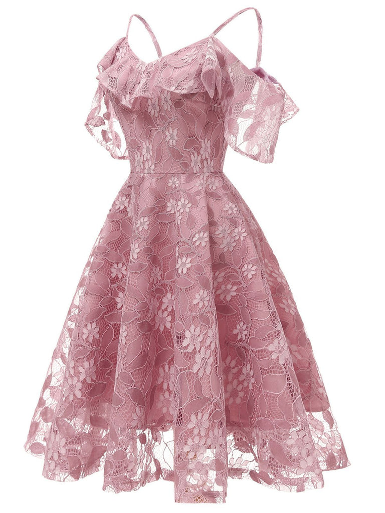 Robe à Bretelle Vintage Rose Année 50 à Volants Dos Nu Dentelle Cocktail