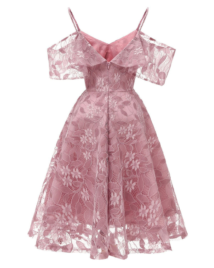 Robe à Bretelle Vintage Rose Année 50 à Volants Dos Nu Dentelle Cocktail