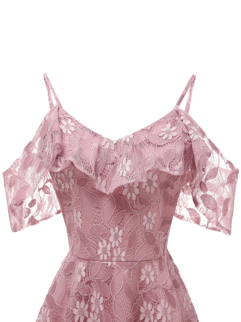 Robe à Bretelle Vintage Rose Année 50 à Volants Dos Nu Dentelle Cocktail