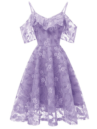 Robe Vintage Année 50 à Volants Dos Nu en Dentelle Violet Cocktail