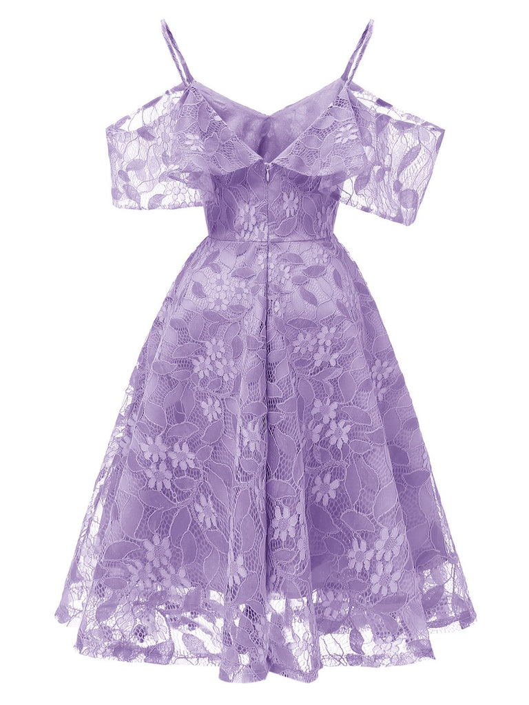 Robe Vintage Année 50 à Volants Dos Nu en dentelle Violet Soirée Cocktail