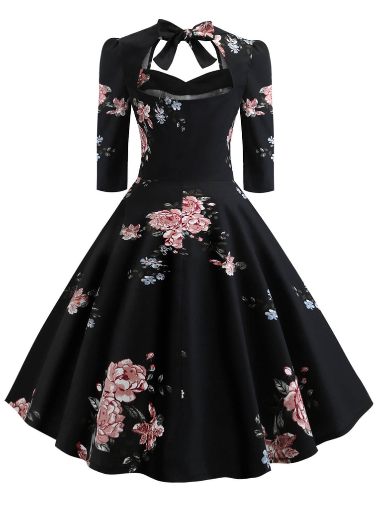 Robe Vintage Année 50 à Fleurs Manche Trois Quarts Soirée Cocktail