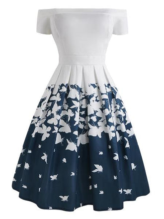Robe Vintage AnnĂ©e 50 Ăpaule Nue Papillon Blanche SoirĂ©e Cocktail Pin Up