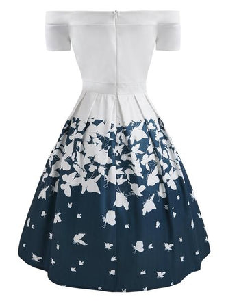 Robe Vintage AnnĂ©e 50 Ăpaule Nue Papillon Blanche SoirĂ©e Cocktail Pin Up