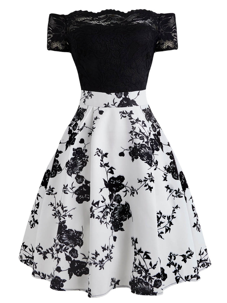 Robe Vintage Année 50 Noir Épaule Nue Dentelle Patchwork Soirée Cocktail