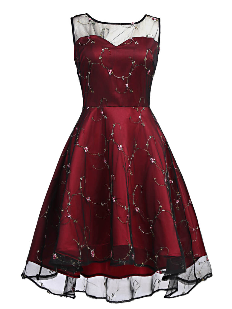 Robe Vintage Année 50 Floral En Dentelle Bordeaux Soirée Cocktail Pin Up