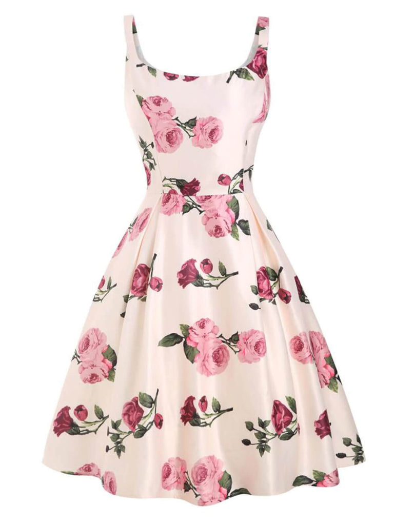 Robe Vintage Années 50 Trapèze À Fleurs Roses Pin Up