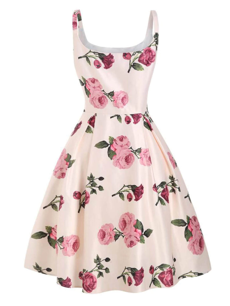 Robe Vintage Années 50 Trapèze À Fleurs Roses Pin Up