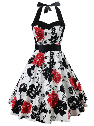 Robe Vintage Année 50 Swing à Col Licou Florale Rose Rouge Soirée Cocktail