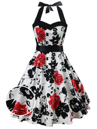 Robe Vintage Année 50 Swing à Col Licou Florale Rose Rouge Soirée Cocktail