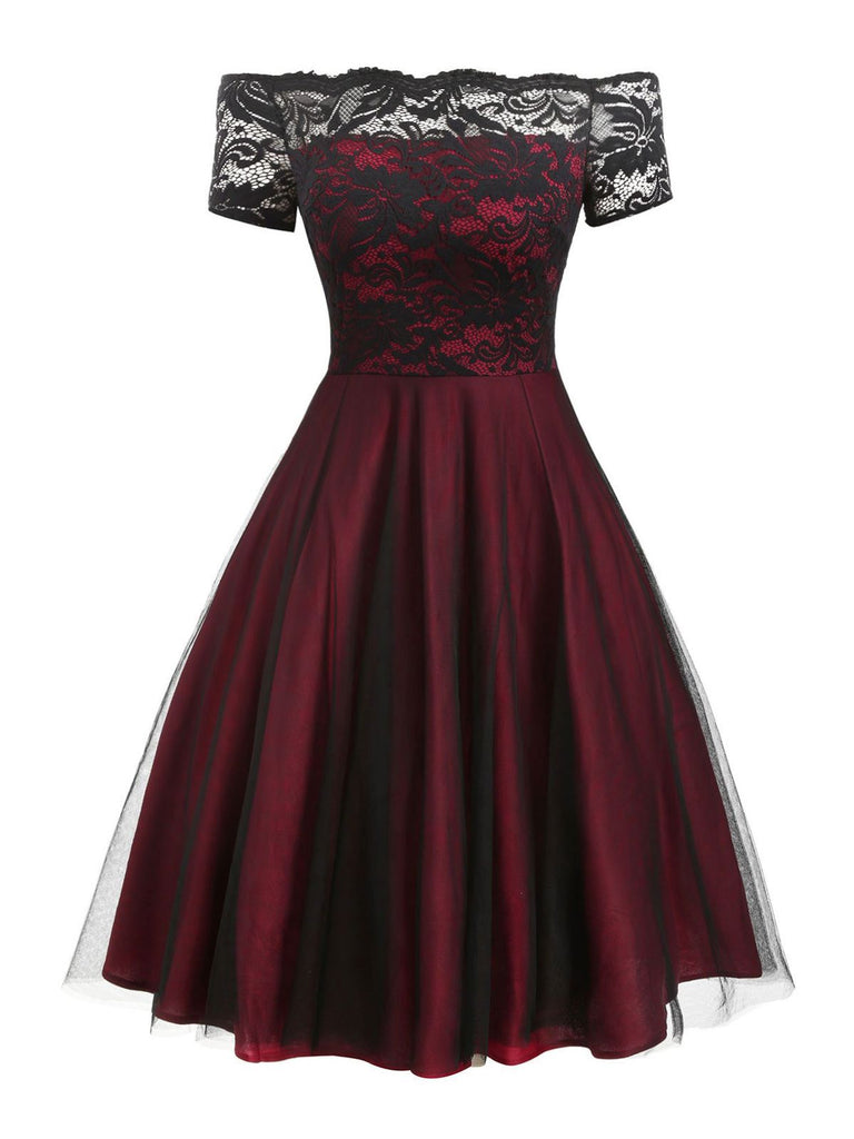 Robe de Noël Vintage Année 50 Dentelle Épaule Nue Soirée Cocktail Chic