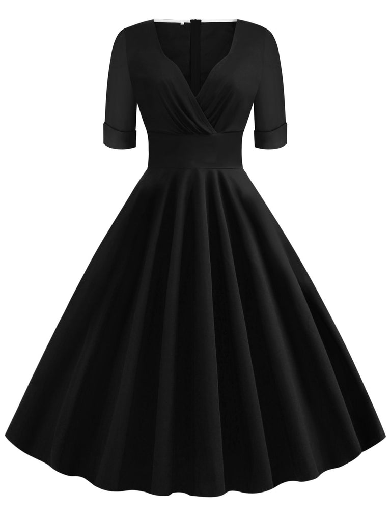 Robe Noir Vintage Année 50 Vintage Demi-manches Col V Cocktail