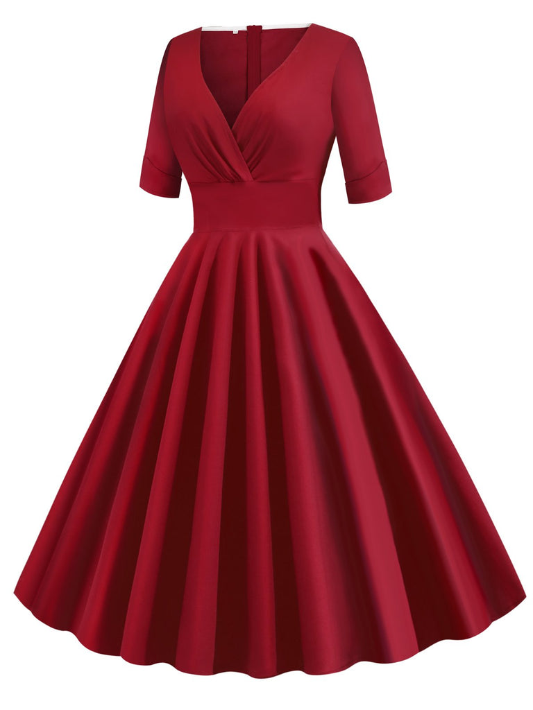 Robe Rouge Vintage Année 50 Demi-manches Col V Plain Cocktail Pin Up