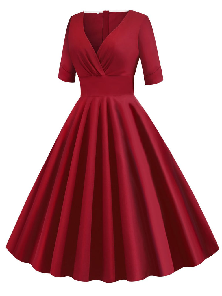 Robe Vintage Année 50 Demi-manches Col V Plain Cocktail Pin Up