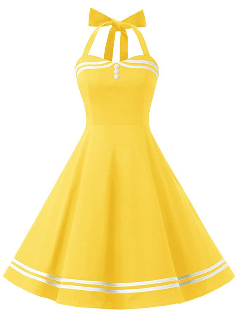 Robe Vintage à Bretelle  Années 50 Jaune À Col Licou Chic