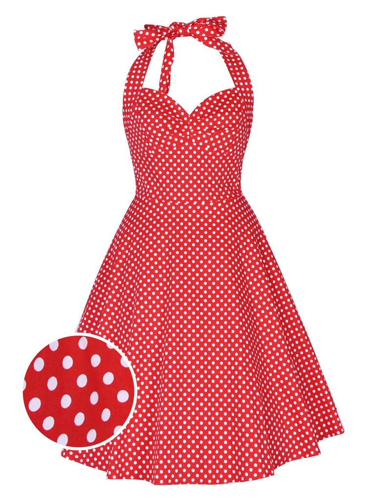 Robe Rouge Vintage à Pois Année 50  À Col Licou Pin Up Cocktail