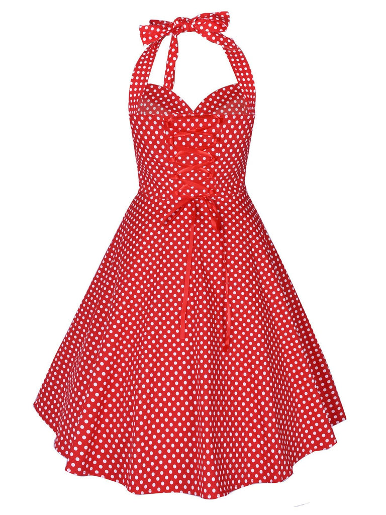 Robe Rouge Vintage à Pois Année 50  À Col Licou Pin Up Cocktail