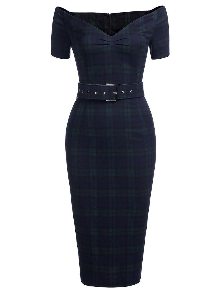 Robe Crayon Vintage Bleu Année 60 À Carreaux Cocktail Pin up