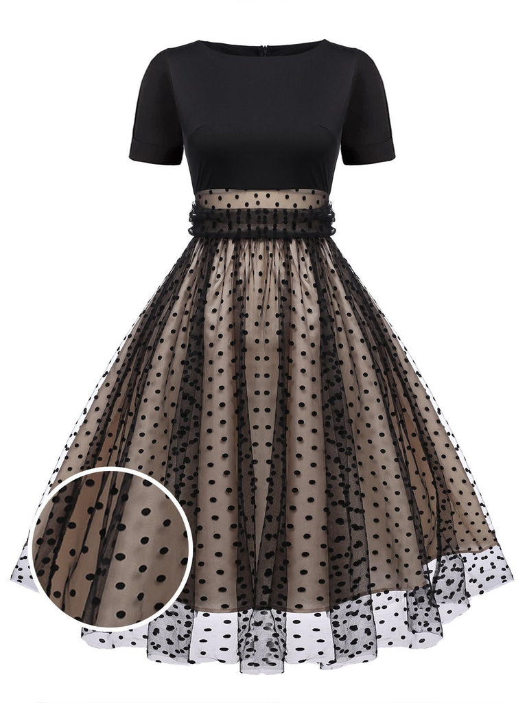 Robe Swing Vintage Année 50 Noire à Pois Cocktail Pin Up