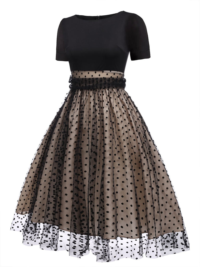 Robe Swing Vintage Année 50 Noire à Pois Cocktail Pin Up