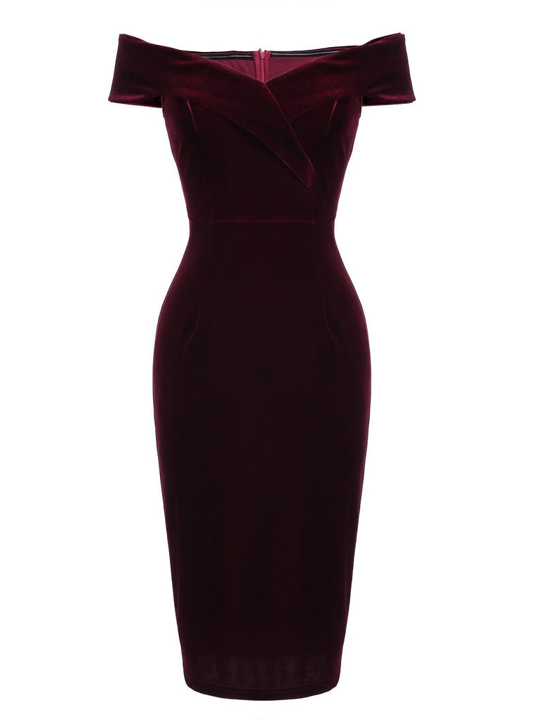 Robe Crayon Vintagr Année 60 Bordeaux en Velours Soirée Cocktail