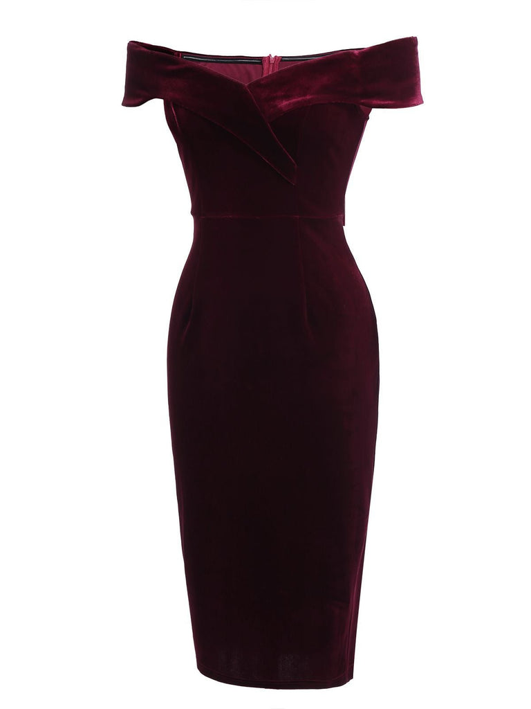 Robe Crayon Vintagr Année 60 Bordeaux en Velours Soirée Cocktail