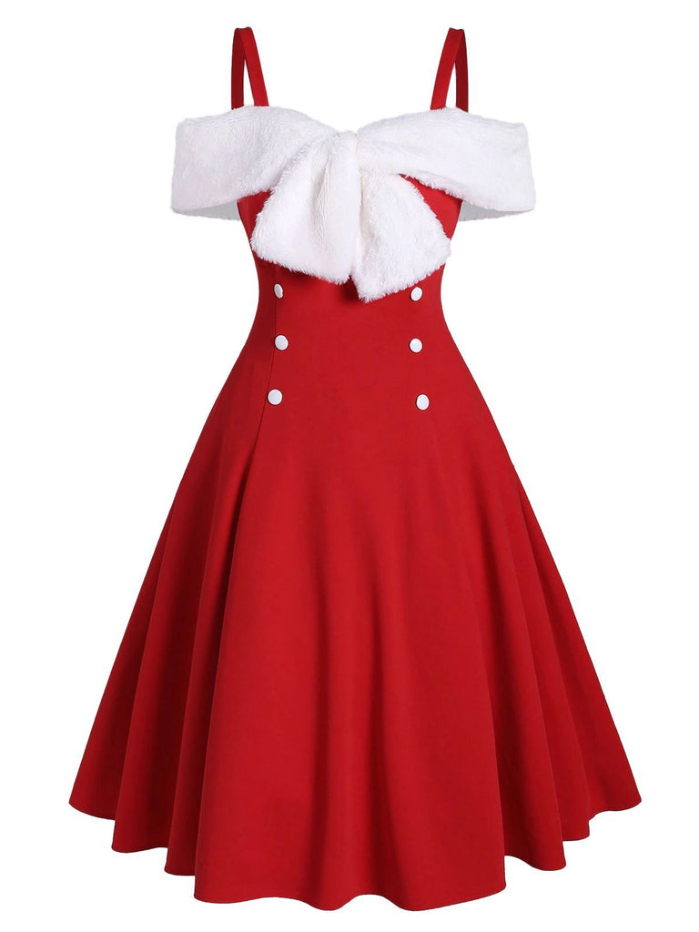 Robe de Noël Vintage Année 50 Épaules Froides Avec Papillon Nœud