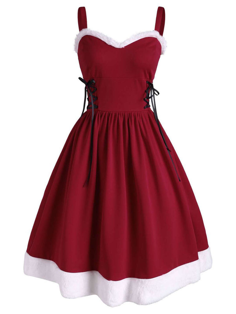 Robe de Noël Vintage Années 50 à Bretelle Bordeaux Poilue Chic