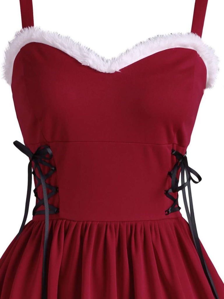 Robe de Noël Vintage Années 50 à Bretelle Bordeaux Poilue Chic