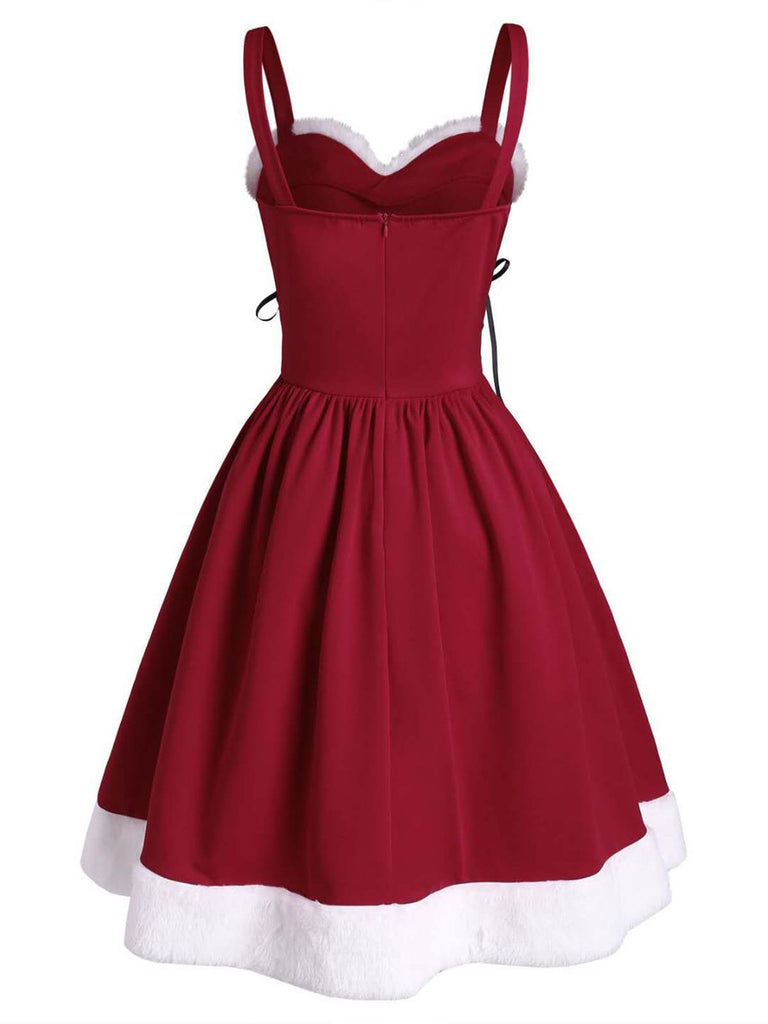 Robe de Noël Vintage Années 50 à Bretelle Bordeaux Poilue Chic