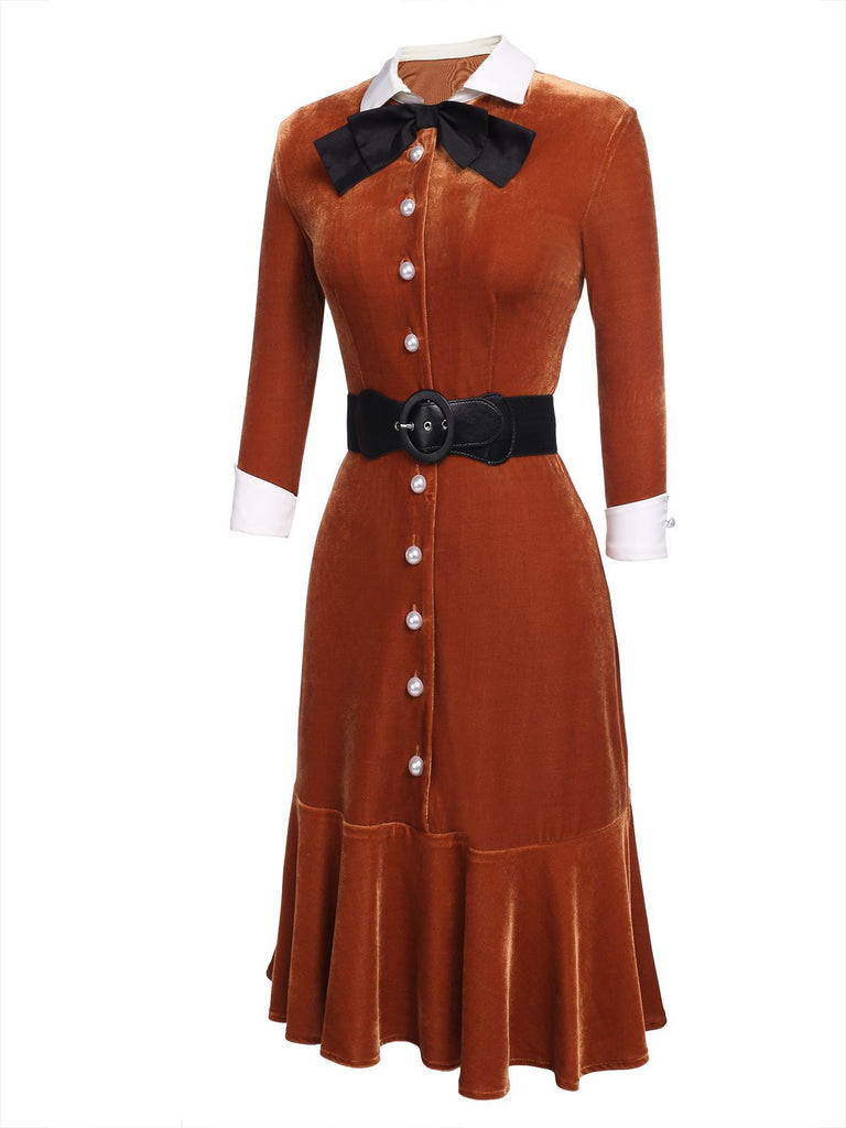 Robe de Noël Vintage Rouge Année 60 Orange en Velours Volantes