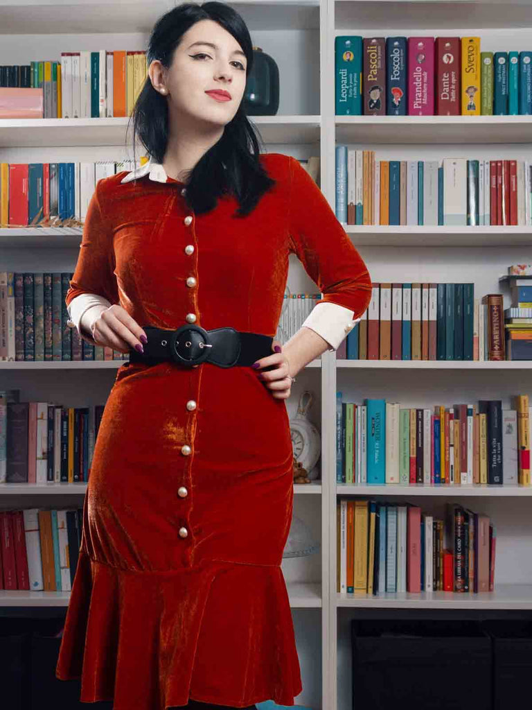 Robe de Noël Vintage Rouge Année 60 Orange en Velours Volantes